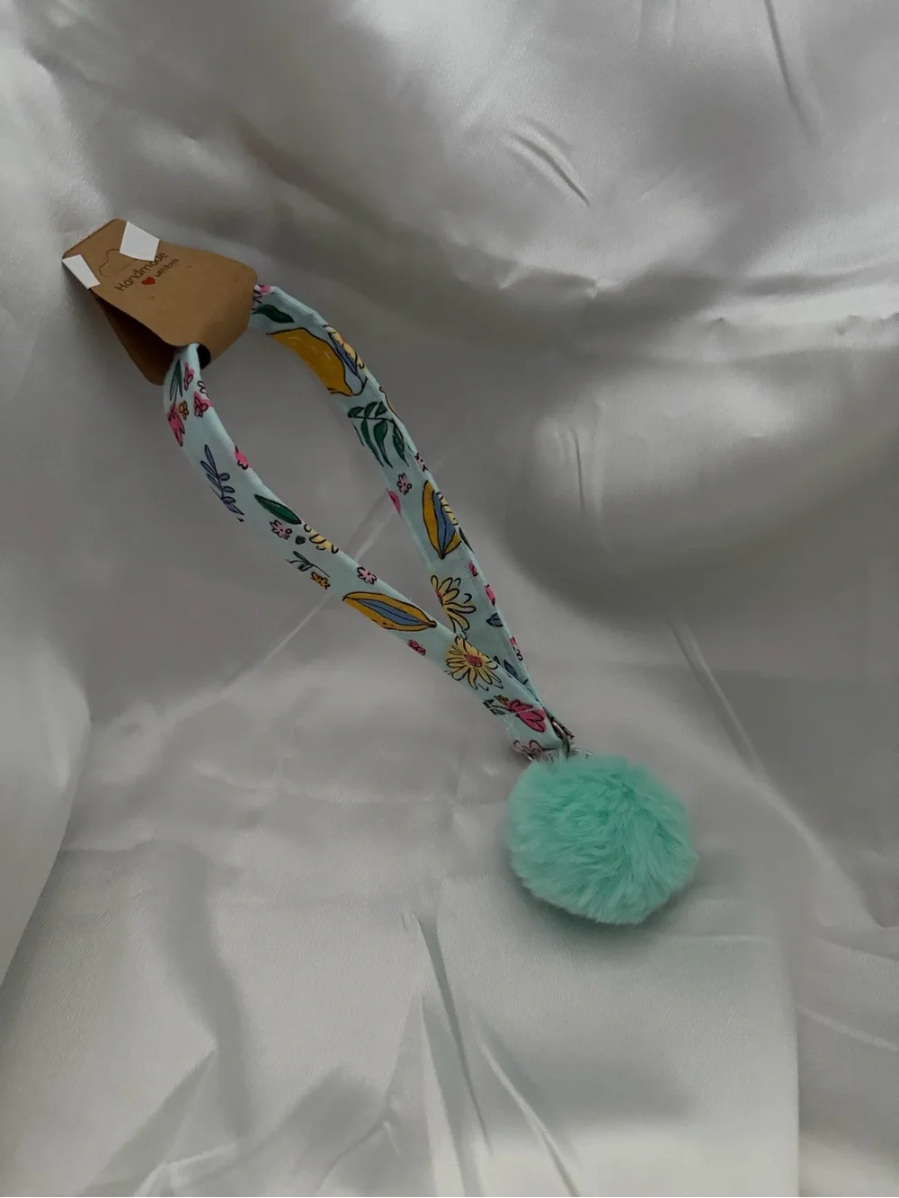 Handmade Lemon and Floral Print Wristlet Keychain With Bright Green Pompom